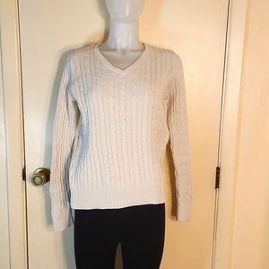 St John's Bay Women's Classic Cable Knit Sweater, Cream, V-Neck Size M Y2K VNTG